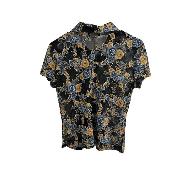 Vintage Carment Mesh Floral Button Front Shirt Black Multi Sz Medium Whimsigoth - Picture 2 of 10